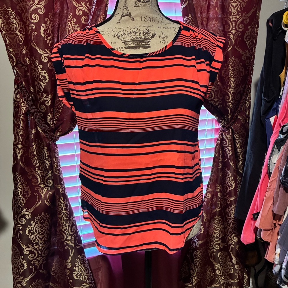 Pink Rose Women's Top - Black and Orange Stripes